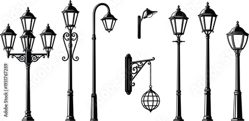 Vintage street lamp and lantern silhouette collection with ornate scrollwork designs, decorative urban lighting illustration, architectural detail concept, flat vector illustration