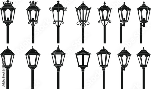 Vintage street lamp silhouette collection with ornate designs, decorative lantern illustration, historical urban lighting concept, architectural detail design, flat vector illustration