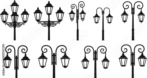 Vintage street lamp silhouette collection with ornate multi‑lantern designs, decorative urban lighting illustration, architectural detail concept, flat vector illustration