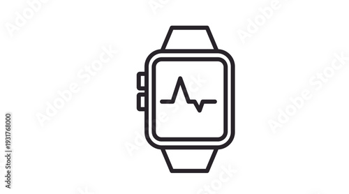 Clean black line vector icon of a smartwatch with a lifeline or heart rate signal, representing fitness tracking, health monitoring, smart devices, wearables, and digital wellness. Minimalist 