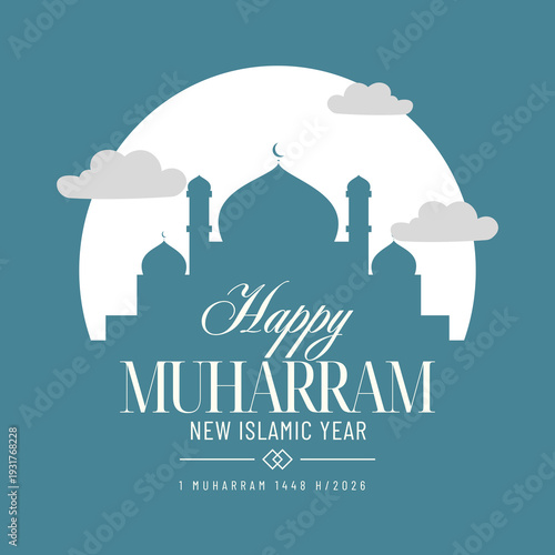 Happy Muharram 1448 H Islamic New Year Greeting with Mosque Silhouette and Clouds on Blue Background