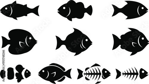 Fish silhouette vector illustration set with various sea animals and fish bone icons in minimalist black design for fishing logo and aquatic branding.