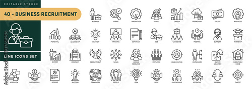 A collection of Business Recruitment icons set with editable stroke, including Headhunting, career, skills, resume, job hiring, success, candidate, human resource. Thin linear vector illustration.