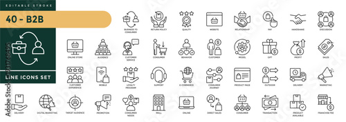 A collection of B2B icons set with editable stroke, including business to business, company, cooperation, management, commerce, vendor, enterprise, partnership. Thin linear vector illustration.