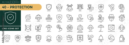 A collection of Protection icons set with editable stroke, including safe, shield, umbrella, guard, fence, lock, security, alarm. Thin linear vector illustration.
