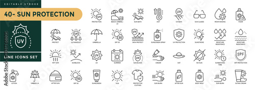 A collection of Sun Protection icons set with editable stroke, including sunglasses, sunscreen, skincare, creams, sunblock, beach umbrella, heat protection. Thin linear vector illustration.