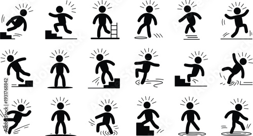 Accident hazard silhouette icon set, vector workplace safety pictograms, slips trips falls mishaps prevention, human figure motion impact graphics, editable black illustrations