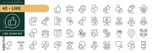 A collection of Like icons set with editable stroke, including liked, thumbs up, favorite, favorable, positive, appreciation, affirmative, validation. Thin linear vector illustration.