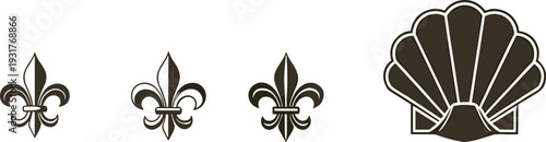 Fleur De Lis and Scallop Shell Vector Illustration Collection Heraldic Symbol Set for Luxury Brand Logo Medieval French Heritage Ornament and Noble Decoration