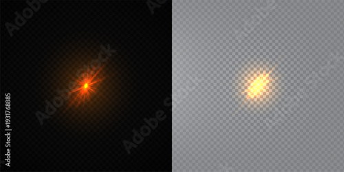 Glowing Golden Star Light Effect with Sparkle Rays and Lens Flare Illumination on Transparent Background