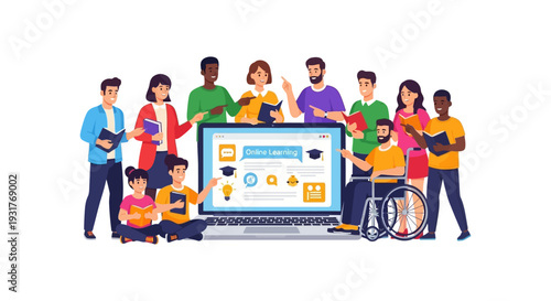 E-Learning and Online Education Concept: Diverse Community Group Studying Together, Pointing to Laptop Screen with Training Course Icons.