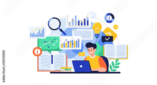 Online Learning, Data Analysis, and Business Research Illustration. Young professional acquiring knowledge, optimizing SEO, and working with digital analytics charts.