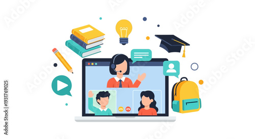 E-learning Virtual Classroom Illustration: Online Video Lesson with Teacher and Students, Surrounded by Books, Graduation Cap, and Learning Icons.