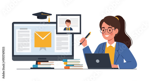 Online Learning Student working on Laptop for Graduation, Webinar, or Course Submission. E-learning and Remote Study Vector Illustration.