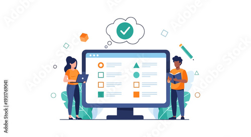 Online Quiz and Test Completion. E-learning Students Pass Digital Examination, Survey Checklist Success, Vector Illustration.