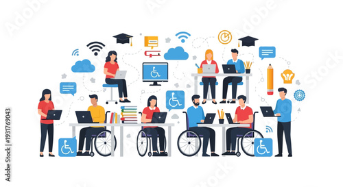 Inclusive Online Education and Remote Work Concept. Diverse professionals and students with disabilities collaborating digitally, emphasizing accessibility and distance learning.