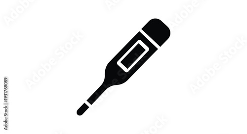 A simple black silhouette of a digital thermometer diagonally oriented indicating health and temperature measurement silhouette high quality professional detailed modern