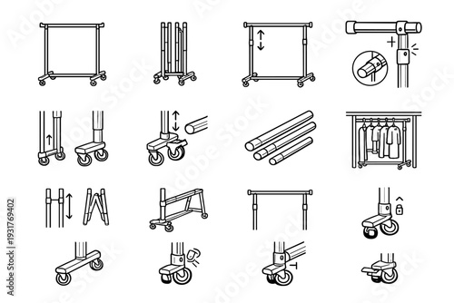 Silhouette outline icons garment icon tubing structure storage rack wheel locking vector