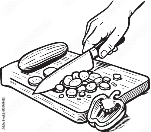 A hand holding a knife chopping vegetables on a wooden cutting board silhouette line art style