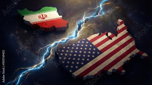 Symbolic representation of the geopolitical tension and conflict between the United States and Iran, depicted by their flag-emblazoned maps separated by a lightning bolt.