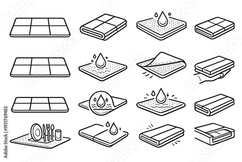 Foldable drying dish vector icon mat absorbent layout material surface rectangular fold