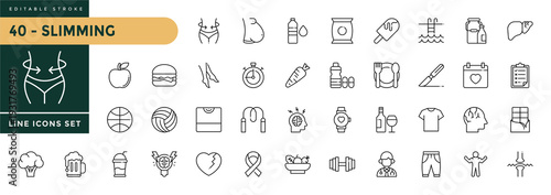 A collection of Slimming icons set with editable stroke, including nutrition, Diet, meal planning, body measurement, weight loss. Thin linear vector illustration.