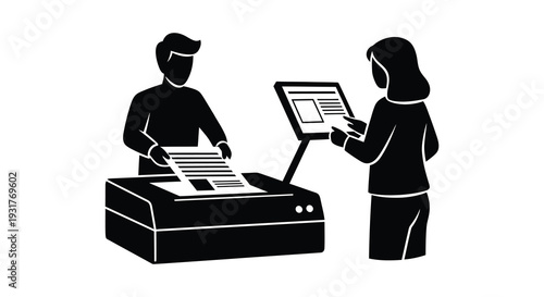 A business meeting depicts two people reviewing documents near a photocopier rendered as a striking silhouette high quality professional detailed modern