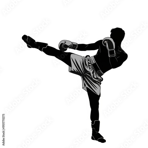 Professional Muay Thai Fighter High Kick Silhouette - Male Kickboxer Martial Arts Action Vector