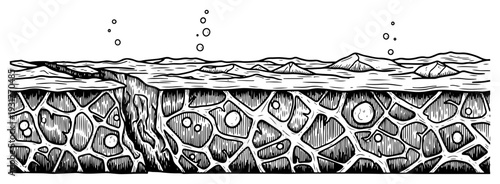 Vintage style illustration of a cracked surface cross section