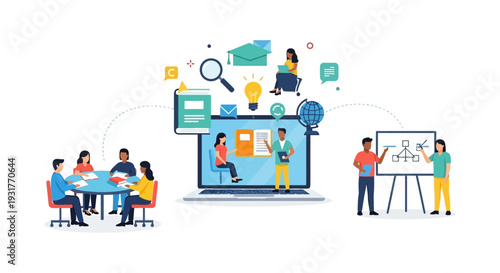 Digital Learning & Teamwork: Integrated E-Education, Group Study, Presentation, and Knowledge Sharing Concept Illustration.