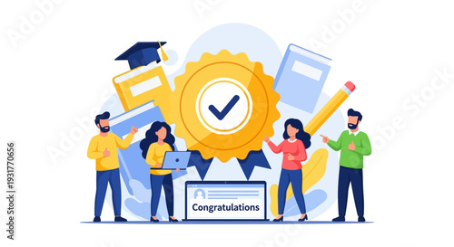 Academic Success and Business Achievement Concept. Flat Vector Illustration of Graduates or Employees Celebrating with Certification Badge and Diploma.