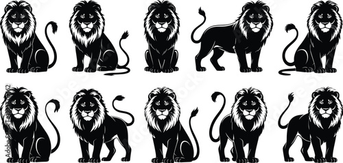 Collection of black lion silhouettes in various poses, majestic male lions standing and sitting vector set, royal jungle animal icons for logo design