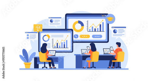 Digital Data Analysis and Online Learning Dashboard. Flat vector illustration of a team reviewing charts, graphs, and statistics for business education and performance reports.