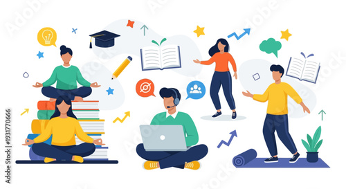 Lifelong Learning and E-Education Concept. Students meditate on books, study online, focus on career growth, and balance well-being.