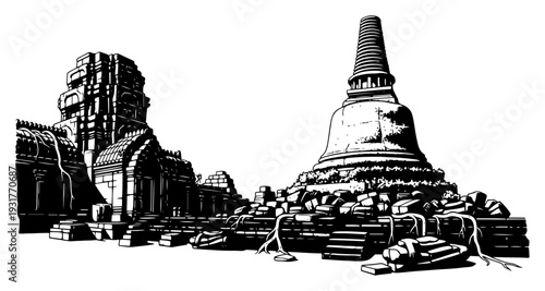 Ancient temple ruins in Asian style hand drawn