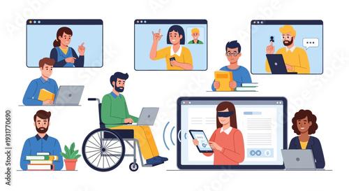 Diverse Group Engaged in Accessible Online Education and Remote Work via Video Conference. Inclusion, E-Learning, and Virtual Collaboration Concept.