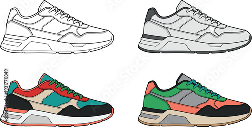 Sport sneaker outline and color variations set, modern casual running shoes detailed flat vector illustration