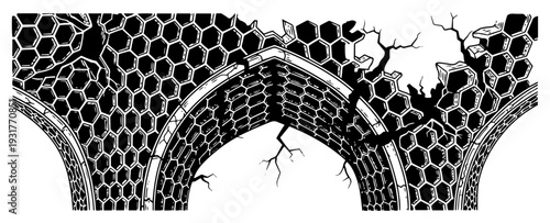 Broken ancient honeycomb structure with cracks hand drawn ruin