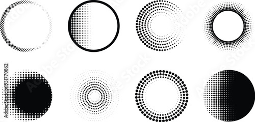 Collection of circular halftone dot patterns and gradient radial textures, black and white minimalist geometric shapes for modern graphic design vector elements