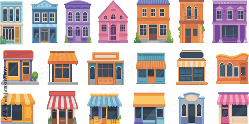 Collection of colorful small shop storefronts and boutique facades, flat vector retail buildings set, urban commercial exteriors bundle, local business architecture icons isolated illustration