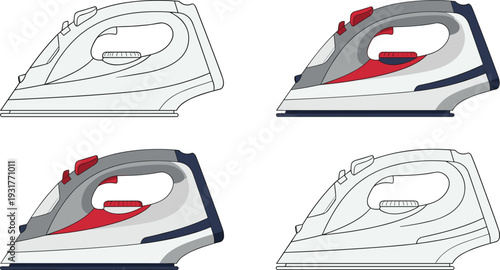 Electric steam iron outline and color variations set, modern household appliance detailed flat vector illustration collection