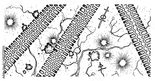 Abstract damaged ground texture with tire tracks and explosions