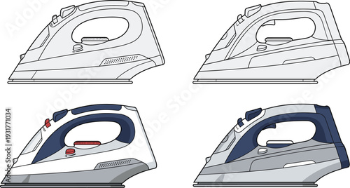 Electric steam iron outline and colored versions set, modern household laundry appliance detailed flat vector illustration