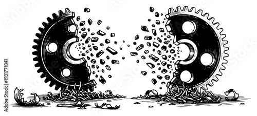 Broken metal gear wheel shattered into many small pieces