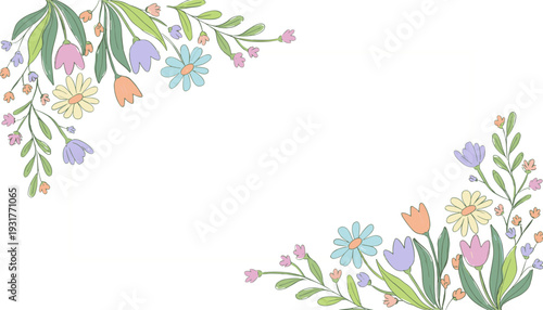 A charming illustration of delicate pastel-colored flowers and green leaves adorning the corners of a white background.