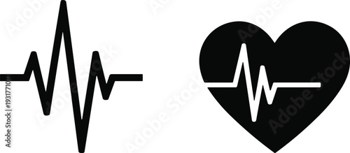 Heartbeat pulse line and heart silhouette vector icons isolated on white background for medical health care cardiology monitoring and fitness life insurance concept.