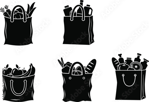 Grocery shopping bag silhouette vector illustration set with fresh fruits vegetables and bread for supermarket retail food delivery service and organic market branding.