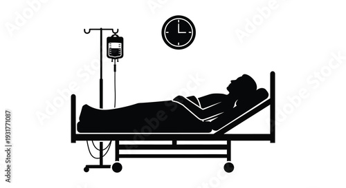 A stark depiction of a patient in a hospital bed with an iv drip and clock presented as a silhouette