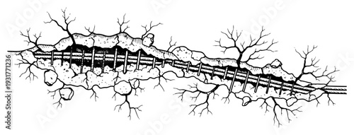 Vintage style cracked earth revealing underground railway tracks