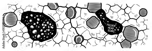 Abstract cracked pattern with geometric shapes and text bubble